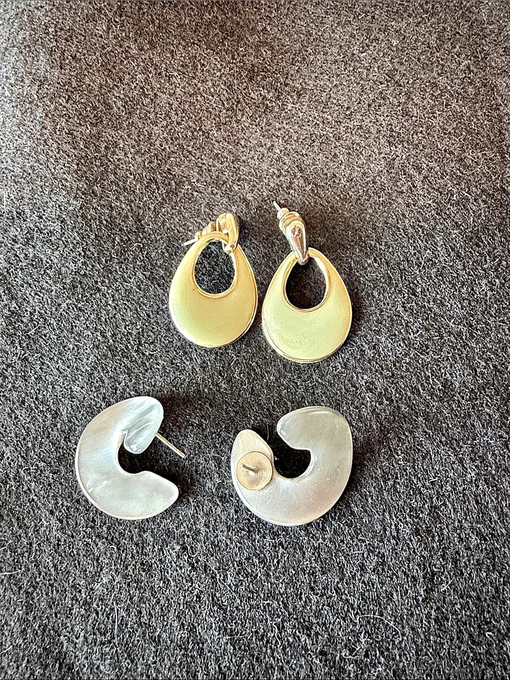 Vintage Acrylic Two-Pair Statement Earrings in Gold & Silver Tone With Grey Swir
